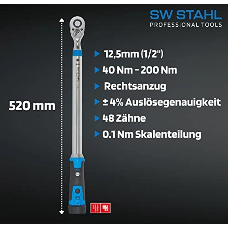 SW-Stahl 03874L Profi Drehmomentschlüssel 1/2 Zoll 40-200 Nm mit umschaltbarem Ratschenkopf I 48 Zähne I Auslösegenauigkeit ±4% I Rechtsanzug I Werkzeug für Reifenwechsel Radwechsel I Ratsche – Bild 5