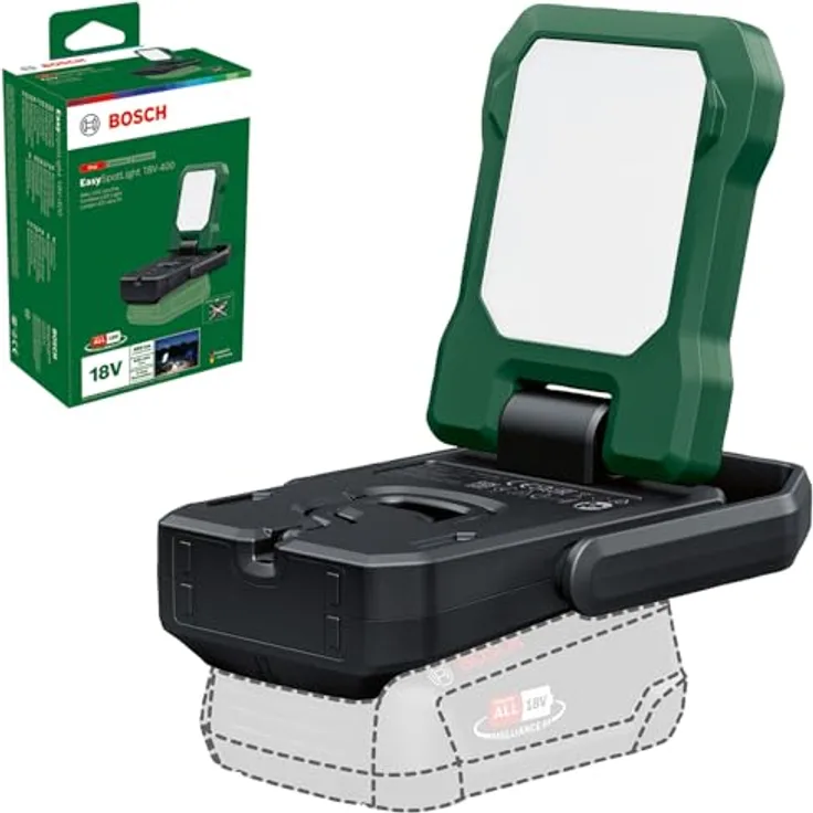 Bosch Akku-LED-Leuchte/Campinglampe EasySpotLight 18V-400 (warm-/kaltweißes Licht; 3 Helligkeitsstufen, klapp-/drehbarer Kopf; Powerbank USB-C®)