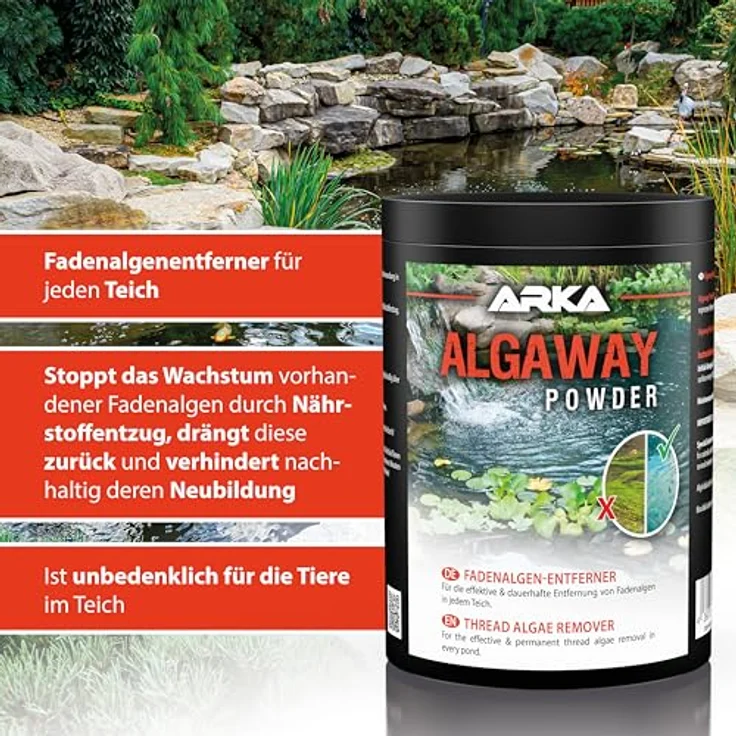 ARKA Pond Algaway Powder, Fadenalgenvernichter für Teich, kupferfrei, 250 g, unterstützt klares Wasser in kleinen Gartenteichen – Bild 4