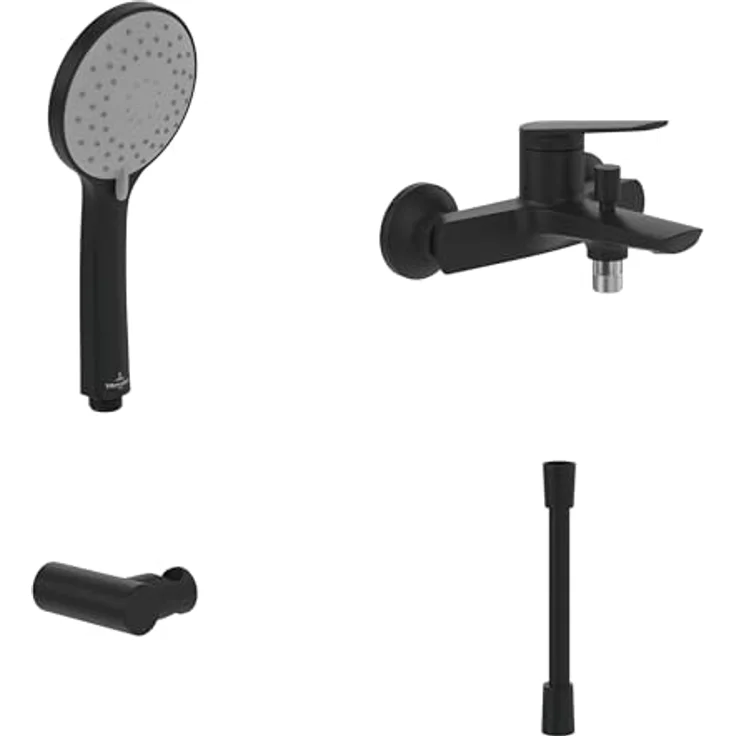Villeroy & Boch Wannenarmatur Oasis, Badewannenarmaturen-Set mit Handbrause, Handbrauseschlauch & Handbrausehalter, Matt Black, drei Strahlarten, ergonomischer Griff – Bild 1