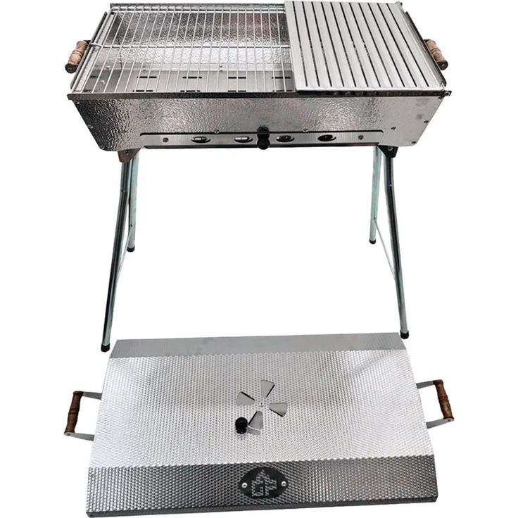 Grillpeter Holzkohlegrill Schaschlikgrill Astana Deluxe Mangal rostfreiem Edelstahl 1,5mm, mit BBQ Deckel und Seitenablage, Silber