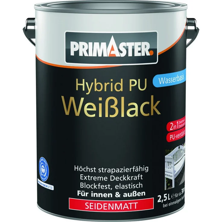 Primaster Hybrid PU-Weißlack, seidenmatt, 2,5 L, für innen & außen, hohe Deckkraft