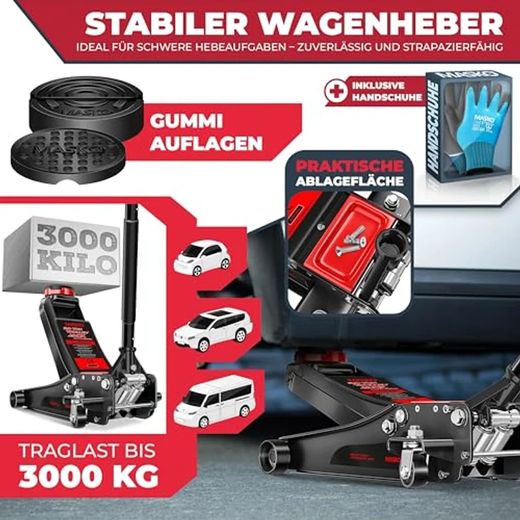 Masko Wagenheber hydraulisch mit flacher Hubhöhe, 2x Gummiauflage, Handschuhe - 3 Tonnen, schwarz – Bild 3