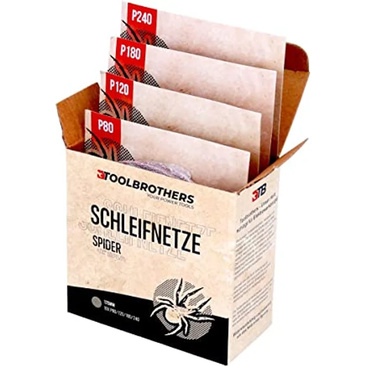 Toolbrothers SPIDER Schleifset Netz 125 mm Klett je 10x P80 / P120 / P180 / 240 für Hartholz, Weichholz, Lack, Stein, Stahl, Aluminium, Furnier