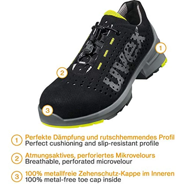 Uvex 1 S1 SRC ESD 85438, flache Sicherheitsschuhe mit rutschhemmender Sohle, Schwarz / Gelb, Größe 35 EU – Bild 9