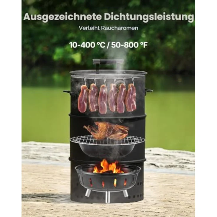 VEVOR Holzkohle-Räucherofen 470 mm, Grilltonne aus beschichtetem Stahl mit 2 Grillrosten, 1 Aufhängestange, 6 Haken, Thermometer für BBQ und Smoken, ideal für Garten & Terrasse – Bild 3