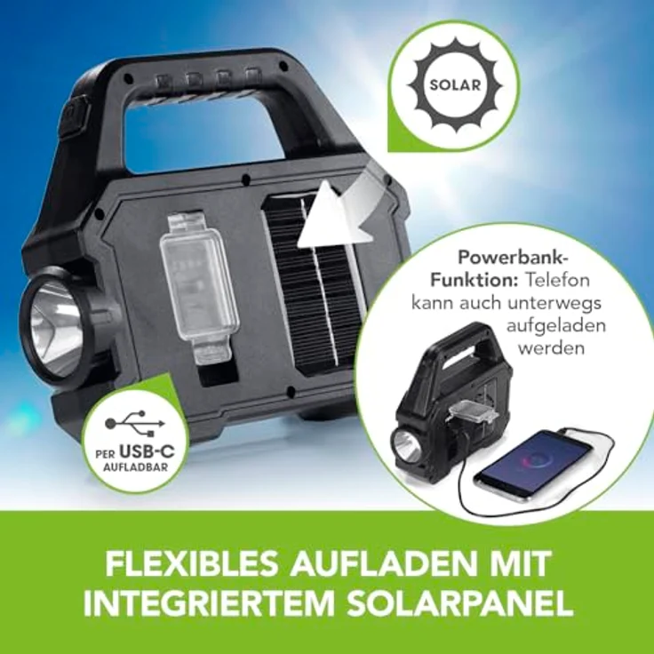 EASYmaxx LED Taschenlampe Solar-Arbeitsleuchte 3 in 1, COB-Strahler, dimmbares Seitenlicht, USB-C und Solarpanel, ideal für Outdoor und Camping – Bild 3