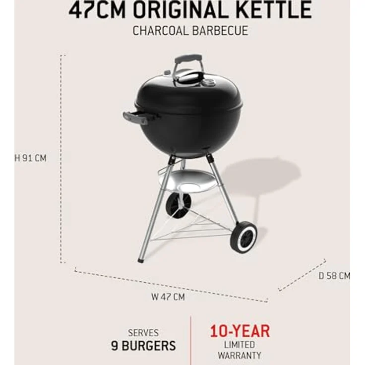 Weber Original Kettle Holzkohlegrill, 47 cm mit Porzellanemailliertem Deckel, One-Touch-Reinigungssystem und Deckelthermometer, schwarz – Bild 4