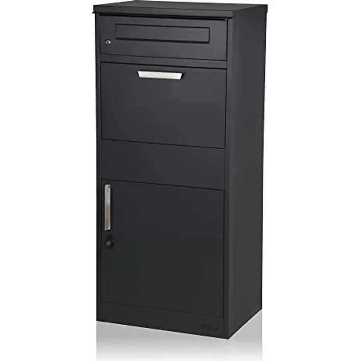 Zelsius Briefkasten mit Paketfach Neptun | pulverbeschichteter Stahl mit Edelstahl Elementen | RAL7016 Anthrazit | integrierte Rückholsperre | Bodenmontage | Paketbriefkasten, Paketbox, Parcel Box – Bild 1