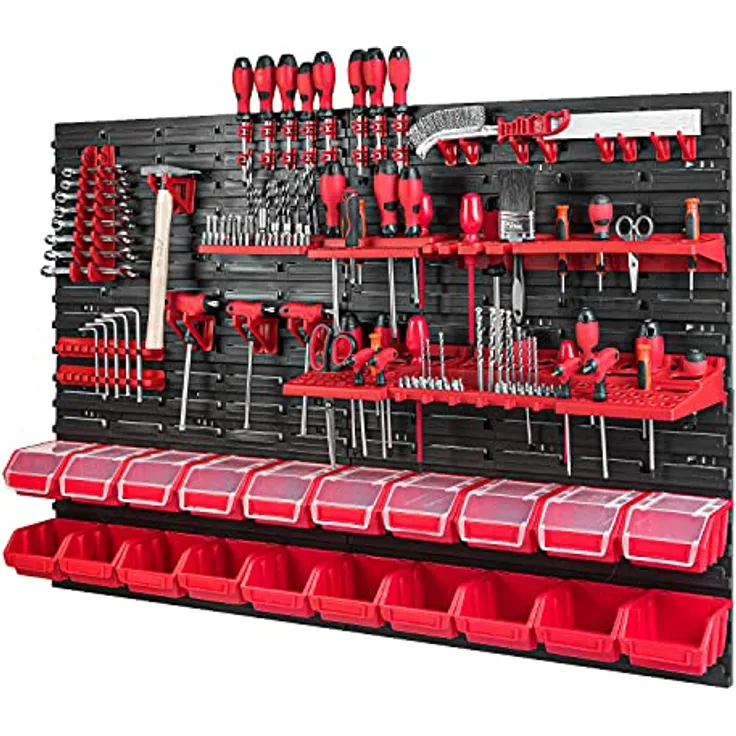 Werkzeugwand mit Stapelboxen - 1152 x 780 mm - Lagersystem Set Werkzeughaltern und 20 Stück Box - Wandregal Werkstattregal Lochwand Schüttenregal Sichtlagerkästen