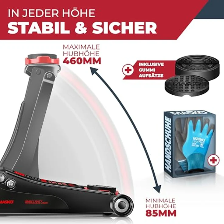 Masko Wagenheber hydraulisch mit flacher Hubhöhe, 2x Gummiauflage, Handschuhe - 3 Tonnen, schwarz – Bild 5