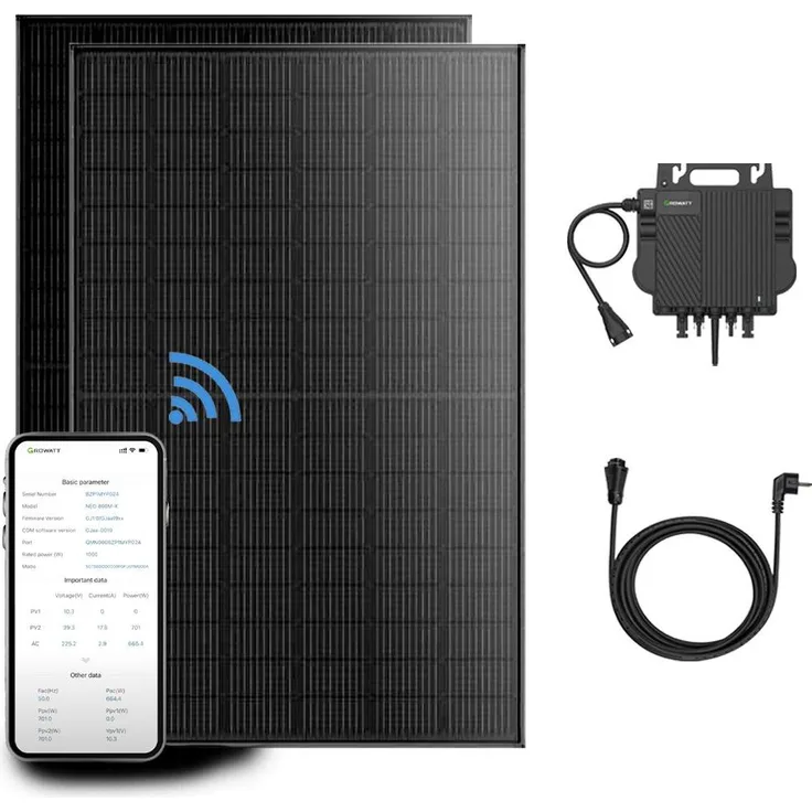 Growatt Balkonkraftwerk Komplettset 890W, 2x 455Wp JA Solar Full Black Solarmodule, 800W Mikro-Wechselrichter mit 5m AC Kabel, Plug & Play