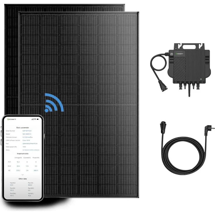 Growatt Balkonkraftwerk Komplettset 890W, 2x 455Wp JA Solar Full Black Solarmodule, 800W Mikro-Wechselrichter mit 5m AC Kabel, Plug & Play