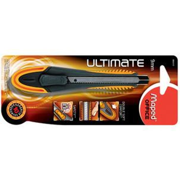 Maped Cutter Ultimate, Klinge: 18 mm, für Rechtshänder Griffzone aus orangem Softmaterial, einziehbare Universalklinge, integierte Klingenabbrechvorrichtung, selbstblockierender Schieber, schwarzes Kunststoffgehäuse, auf Blisterkarte (M086610)