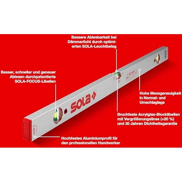 Sola AZB3 100, Wasserwaage 100 cm mit patentierter SOLA-FOCUS Libelle und bruchfesten Acrylglas-Blocklibellen – Bild 2
