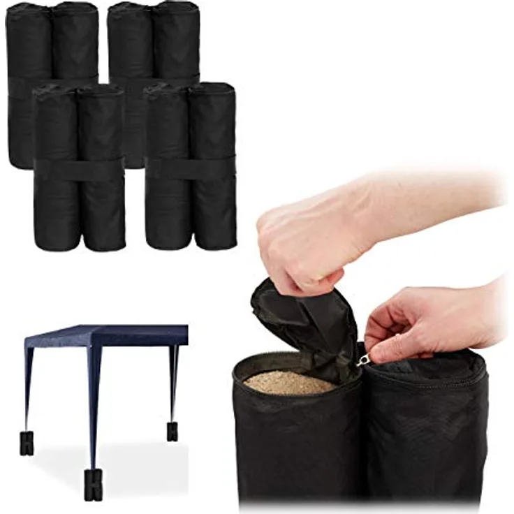 Relaxdays Pavillon Gewichte 4er Set, Beschwerer für Pavillons & Zelte, befüllbar mit Sand, Steinen,10 kg je Fuß, schwarz