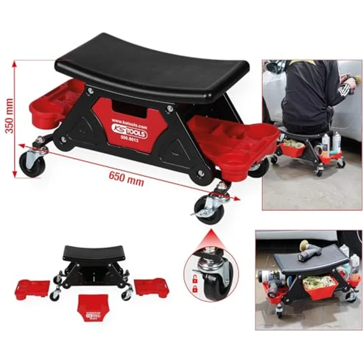 KS Tools 500.8013 Fahrbarer Hocker mit Aufbewahrungsebene, L650xH350mm, max. Belastung 95 kg – Bild 3