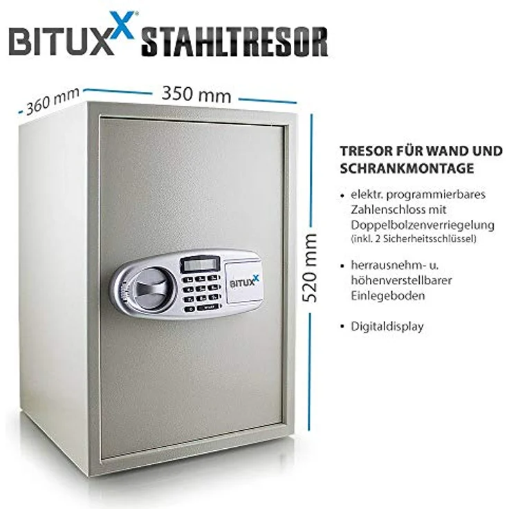 Safe Tresor Möbeltresor Wandtresor Aktentresor Geldschrank Maße(B-H-T): 350 mm x 520 mm x 360 mm - Türstärke: 4 mm lichtgrau – Bild 8