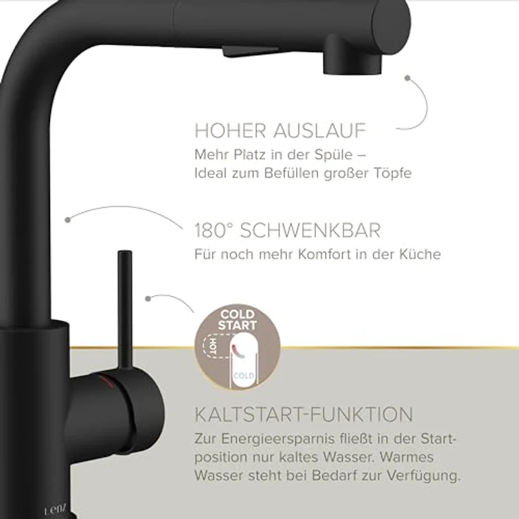 Lenz Küchenarmatur OLINA FLEX, extra hohe Schwarz-matt Armatur mit flexibler Brause, Easy-Weight-System und Cold-Start-Funktion – Bild 5