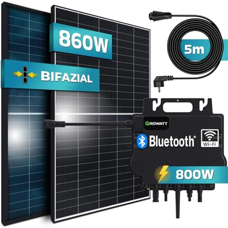 SUNNIVA® Balkonkraftwerk BIFAZIALE 860/800W Solaranlage mit 800W Growatt Micro Wechselrichter, 2x 430W Solarmodule, BIFACIAL, Wifi Bluetooth – Bild 1