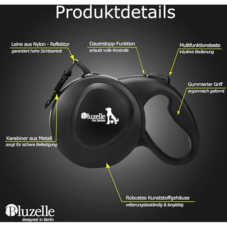 BLUZELLE 8m Lange Hundeleine für Hunde bis 50kg, Flexible Rollleine Neon-Gelb Leuchtender Reflektor-Gurt mit 360° Karabinerhaken Metall, Ergonomischer Griff Schwarz Gummiert & Einzugs-Bremse – Bild 5