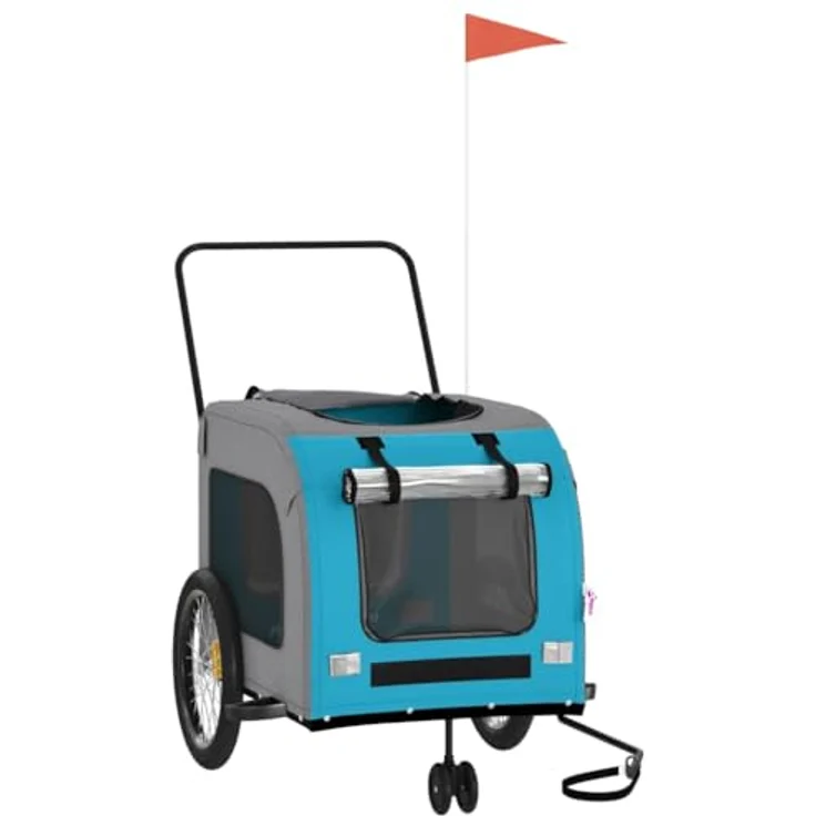 vidaXL Hunde-Transportbox Fahrradanhänger Hunde Blau und Grau Oxford-Gewebe und Eisen, Robuster Rahmen, PVC-Dach, Maximale Tragfähigkeit 45 kg – Bild 4