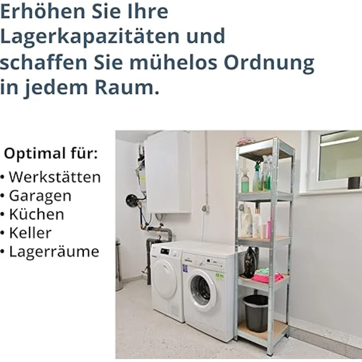 SCHULTE Regalwelt Schwerlastregal mit 5 Holzböden, 180x40x40 cm (HxBxT), Traglast pro Ebene ca. 90 Kg, verzinkt, Lagerregal, Kellerregal, Werkstattregal, Steckregal – Bild 4
