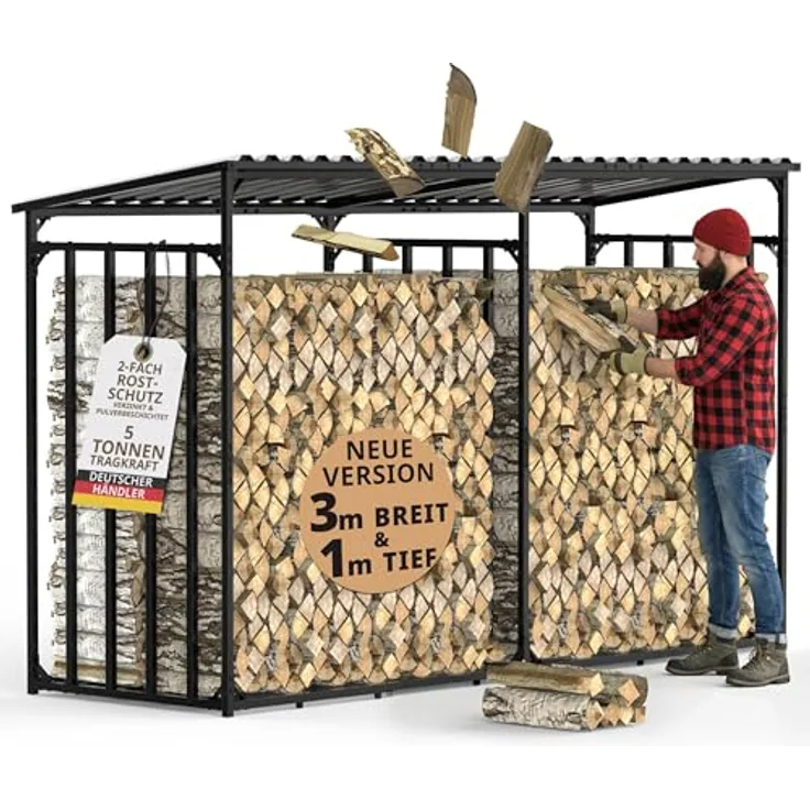 LAWA Kaminholzregal Außen Metall mit Dach, verzinkt Anthrazit, 300x105x185cm für bis zu 5m³ Brennholz, wetterfest, max. Stapelhilfe für 1m I 33cm I 25cm Scheite