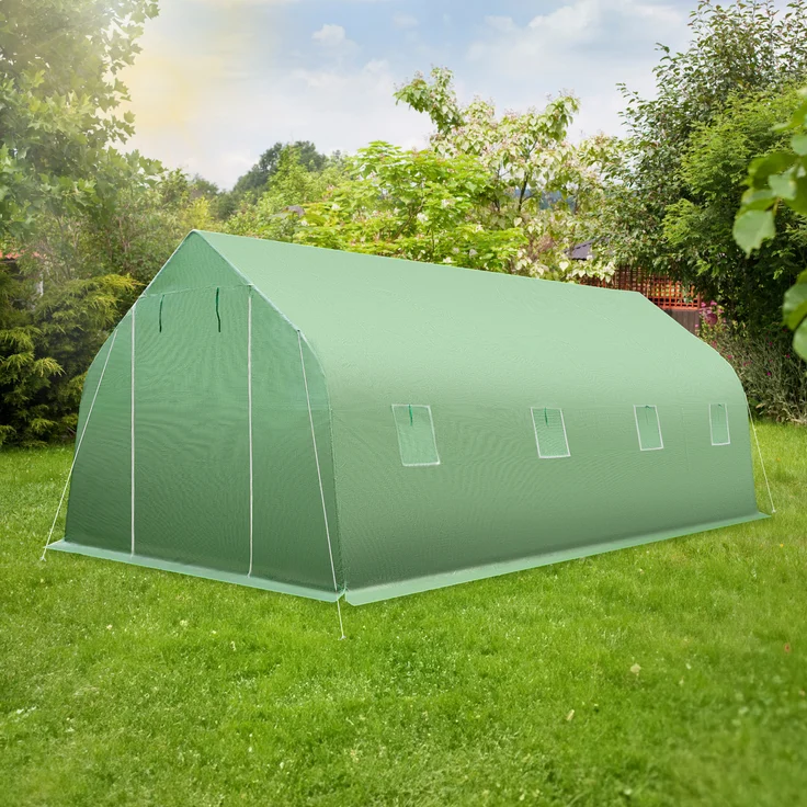 Tectake Foliengewächshaus 27 m³, in Zeltform mit 8 Fenstern, 600 x 300 x 205 cm, pulverbeschichtete Metallrahmen, frostsichere PE-Gitterfolie, grün