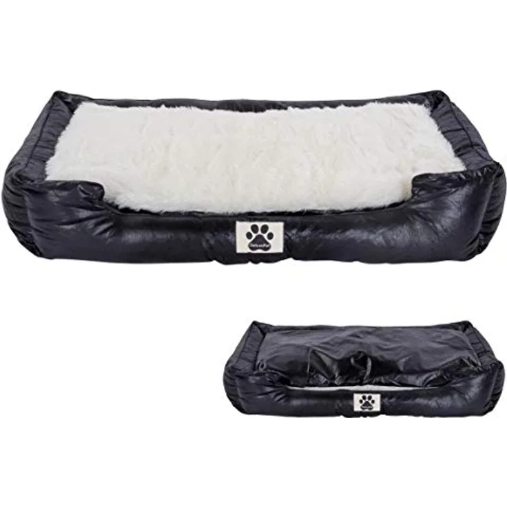 M&L Handel DeluxePet 'Schlummer' Hundebett schwarz 120x80 aus Kunstleder mit 2in1 Wendekissen, Hundekissen für große Hunde, Seiten weich gepolstert, Anti-Rutsch Rückseite