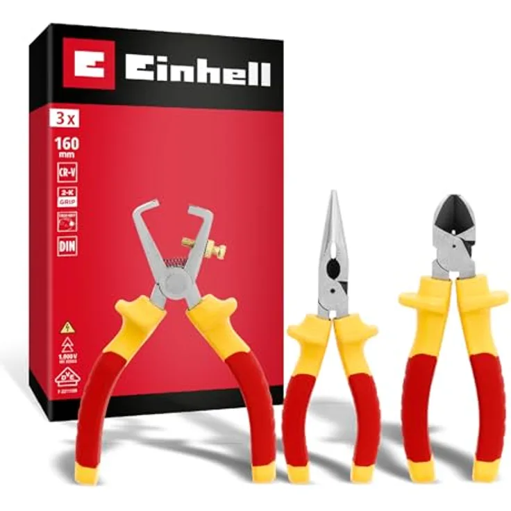 Einhell Elektriker-Zangen-Set 3-tlg. (Isolierung bis 1.000 Volt, Seitenschneider 160mm, Abisolierzange, Telefonzange, ergonomische 2K-Griffe in Rot-Gelb)