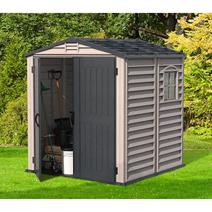 Duramax StoreMate PLUS 6 x 6 (3.65 m²) Kunststoff gerätehaus mit robustem Kunststoffboden und 1 festen Fenster, robuste Metalldachkonstruktion, feuerhemmend und wartungsfrei, Dunkelgrau & Adobe – Bild 2