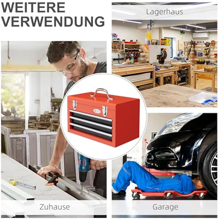 Durhand Werkzeugbox leer, 45 x 24 x 27 cm, mit 3 Schubladen, Oberes Staufach, Handgriff, 2 Schlösser, Stahl, Rot – Bild 6