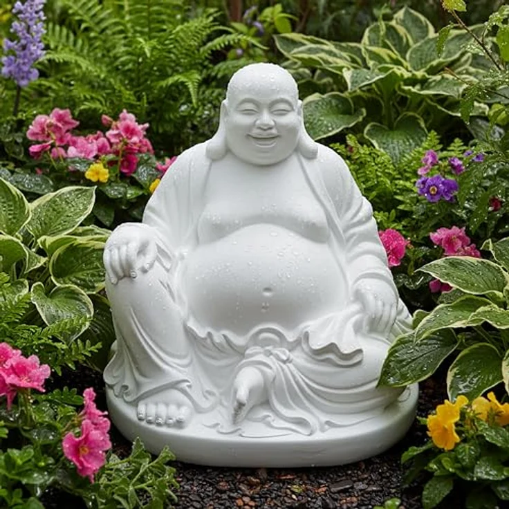 Relaxdays Buddha Figur lachend, 45 cm, wetterfest und frostsicher, Vintage Dekofigur in Weiß für Garten und Wohnzimmer – Bild 3