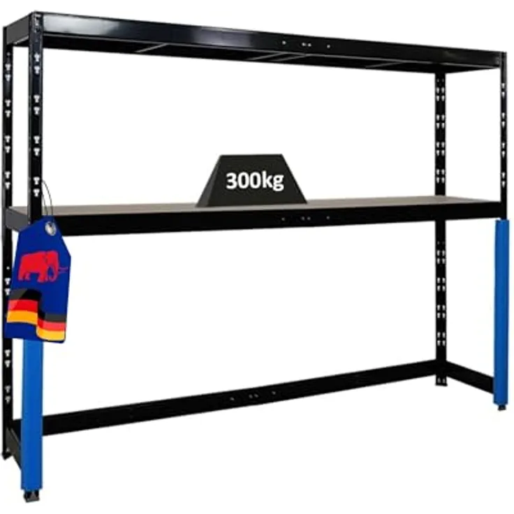 Proregal Schwerlastregal HERCULES, Garagenregal mit 2 Lagerebenen, Traglast pro Boden 300 kg, Stecksystem, Schwarz, 180 x 240 x 50 cm