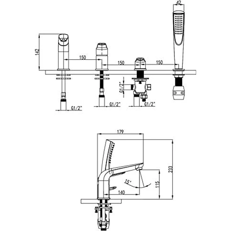PaulGurkes 4-Loch Wannenrandarmatur Einhandmischer, massiv Messing mit verchromter Oberfläche, inklusive Grundkörper und Handbrause aus ABS – Bild 3