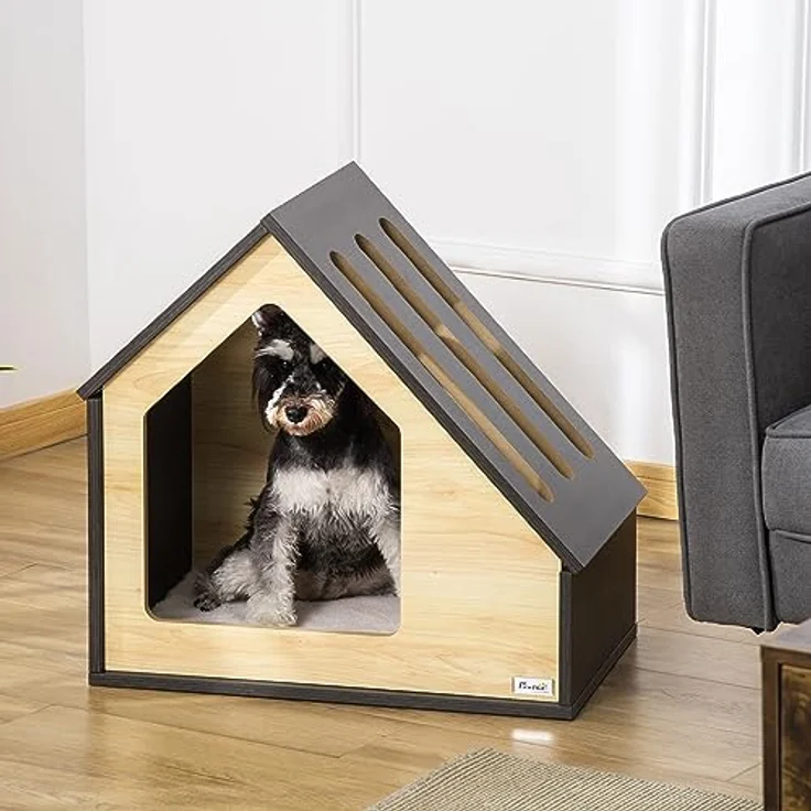 Pawhut Hundehütte aus Holz Indoor Katzenhöhle Katzenhaus Hundeschlafplatz mit Kissen Hundehaus Hundehöhle mit schrägem Dach für kleine Hunde bis 8 kg 60 x 40 x 59,2 cm - Preisvergleich – Bild 2
