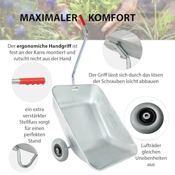 TRUTZHOLM Schubkarre Einhandkarre, robuste Gartenkarre mit 100 kg Traglast und Vollgummirädern, verzinkter Stahlrahmen, 75 L Volumen – Bild 5