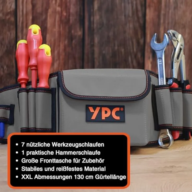 YPC ProBelt – Profi-Werkzeuggürtel mit 7 Steckfächern, großer Nageltasche (17x15x5 cm), Hammerschlaufe, verstellbar, in Khaki, Grau oder Blau – Bild 5