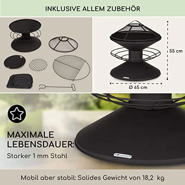 Blumfeldt Feuerschale 55 cm, wetterfeste Feuerstelle mit Grillrost, Funkenschutz und robustem Stahl-Design für Terrasse & Garten – Bild 5