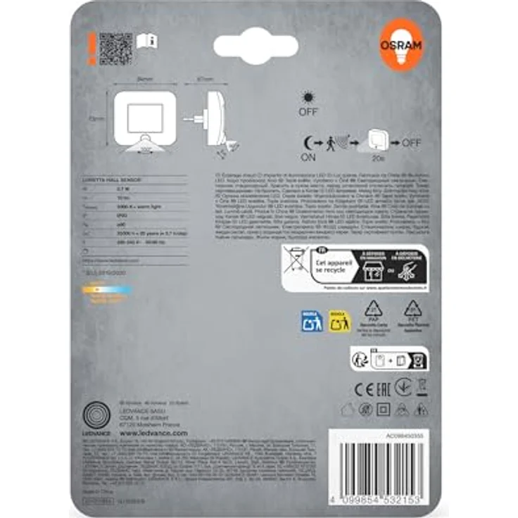 OSRAM LUNETTA Hall Sensor Nachtlicht, Bewegungssensor mit Tageslichtsensor, LED-Technik, IP20, Warmweiß, 0,7 W, Steckdoseneinsatz – Bild 5