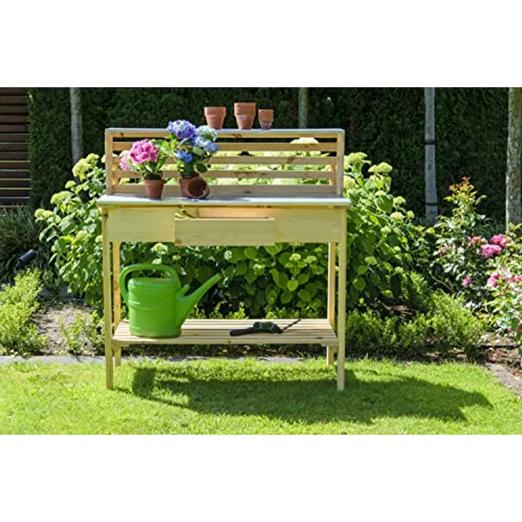 dobar® 29141FSCe XXL Premium Pflanztisch aus massivem Kiefernholz, wetterfester Umtopftisch mit verzinkter Arbeitsfläche und zwei Ablageflächen, 117 x 62 x 124 cm, Natur – Bild 5
