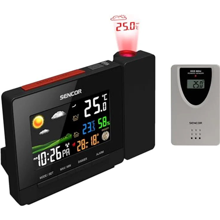 Sencor SWS 5400, Luftstation mit Projektor, Wecker und Wetterstation, Schwarz, Temperatur- und Luftfeuchtigkeitsmessung, Reichweite bis 70 Meter – Bild 2