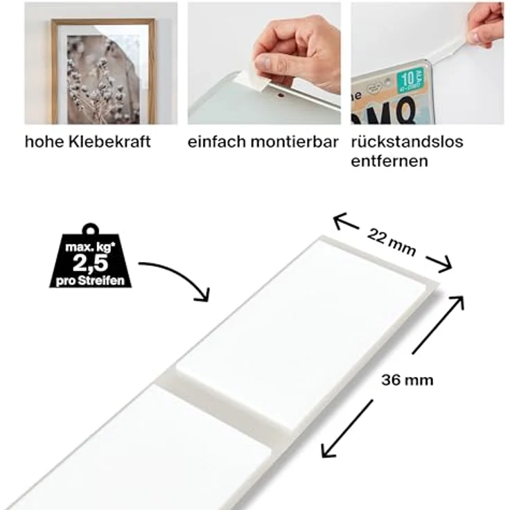 fischer Montagestreifen, doppelseitige Klebestrips, stark belastbar bis 2,5 kg, wieder ablösbar, Aufhängung ohne Bohren, 20 Strips 22 x 36 mm – Bild 2