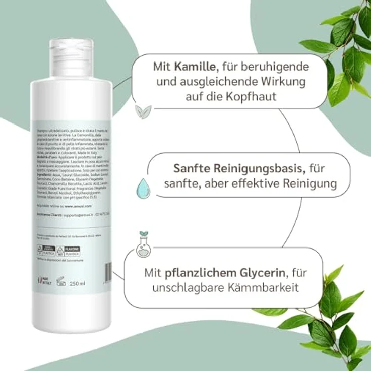 Amusi Dermatitis-Hundeshampoo sensitiv, 250 ml mit beruhigendem Kamillenextrakt und Duft, ideal für empfindliche Haut – Bild 2