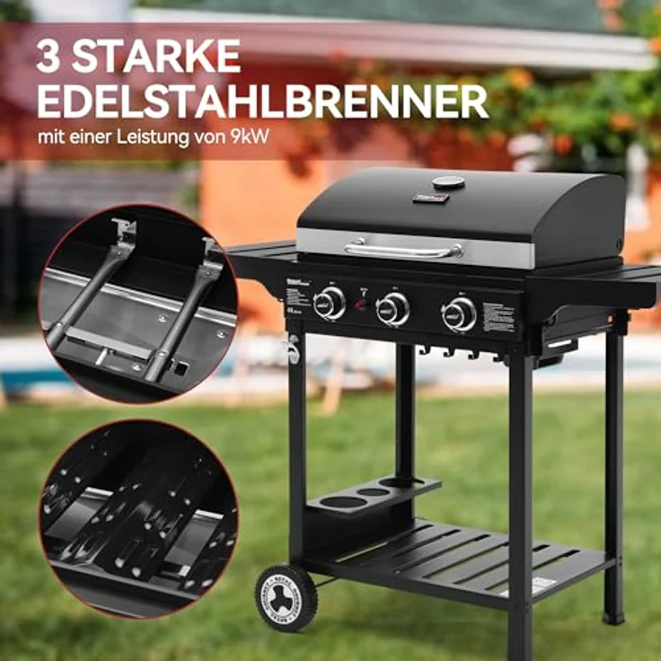 Royal Gourmet 3 Brenner Gasgrill Grillwagen, Standgrill mit Edelstahl Brenner 9 kW, Schwarz – Bild 5