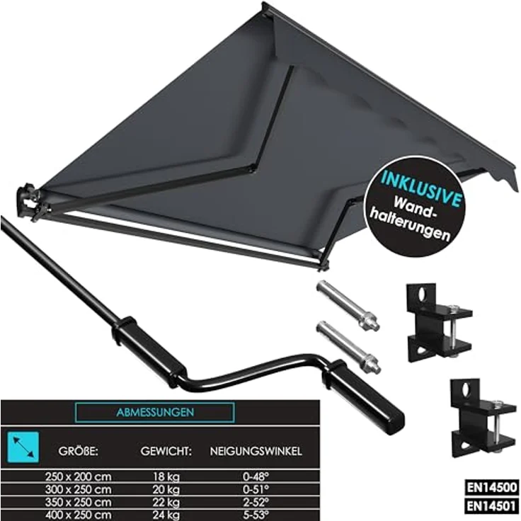 KESSER® Gelenkarmmarkise 250 x 200 cm, wasserabweisende Terrassenmarkise aus Aluminium und Polyester in Anthrazit mit Wandhalterung und individuell einstellbarem Neigungswinkel – Bild 4