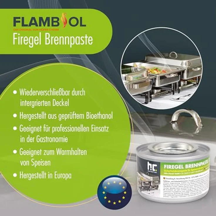Höfer Chemie 12x 200g Firegel Brennpaste zum Warmhalten von Speisen, aus Bioethanol, geruchsneutral, rußfrei, in Europa produziert – Bild 3