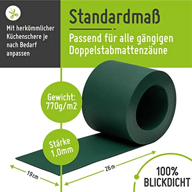 TerraUno Sichtschutzstreifen aus Polypropylen für Doppelstabmatten, RAL 6005 Grün, 26m x 19cm, UV-beständig und blickdicht, Lederoptik, Made in Germany – Bild 2