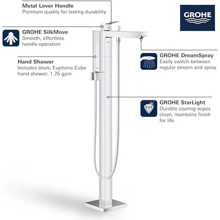 GROHE Eurocube Einhand-Wannenarmatur, Bodenmontage mit Temperaturbegrenzer, Chrom, 23672001 – Bild 5